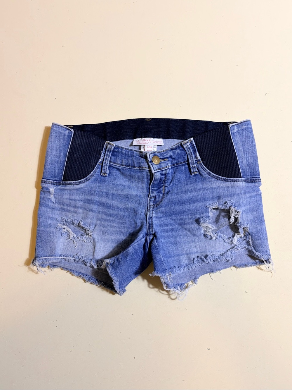 Isabel Maternity Distressed Denim Midi Shorts Size 2/26 Stretch Waist Raw Hem
